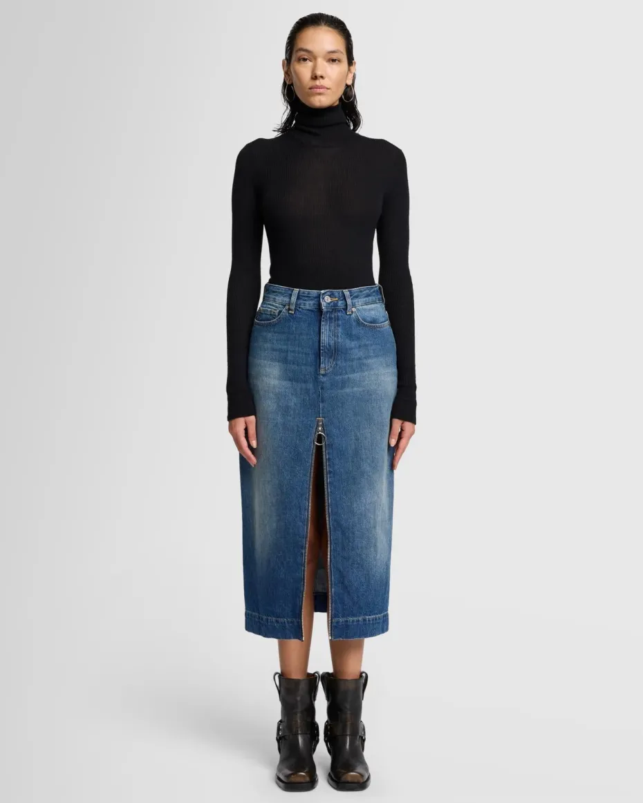 Amber Zip Denim Midi Skirt in Topic