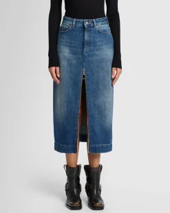 Amber Zip Denim Midi Skirt in Topic