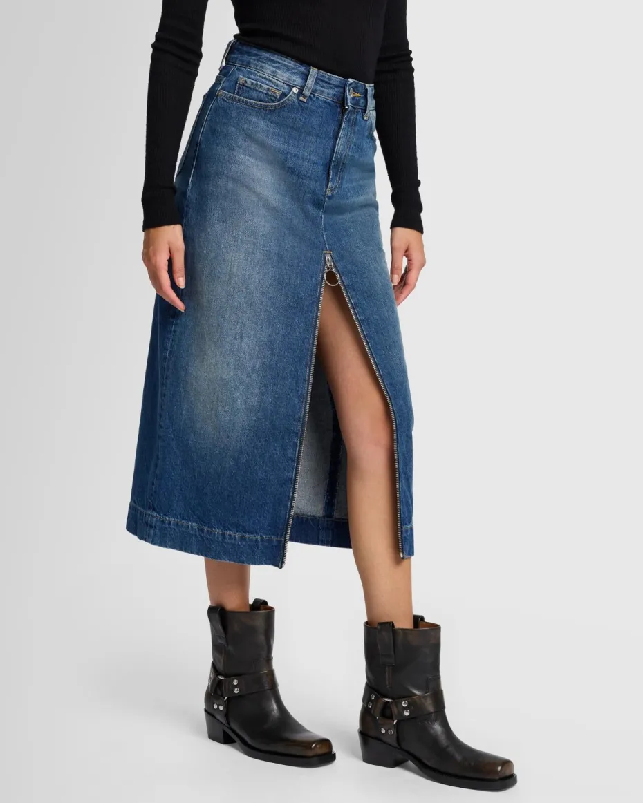 Amber Zip Denim Midi Skirt in Topic