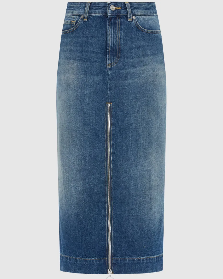 Amber Zip Denim Midi Skirt in Topic