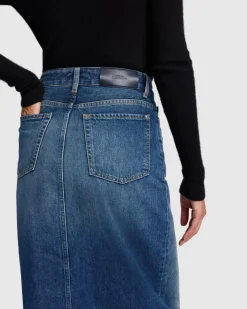 Amber Zip Denim Midi Skirt in Topic