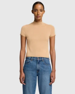Cashmere Mock Neck Short Sleeve Sweater in Porcini