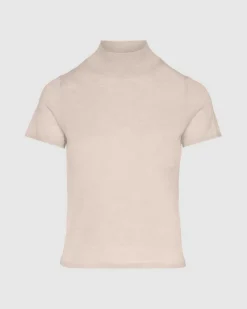 Cashmere Mock Neck Short Sleeve Sweater in Porcini
