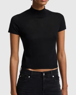 Cashmere Mock Neck Short Sleeve Sweater in Porcini