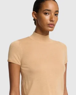 Cashmere Mock Neck Short Sleeve Sweater in Porcini