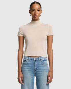 Cashmere Mock Neck Short Sleeve Sweater in Porcini
