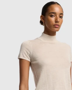 Cashmere Mock Neck Short Sleeve Sweater in Porcini