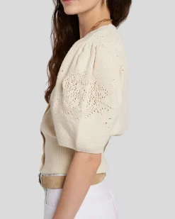 Cinched Puff Sleeve Cardigan in Bone