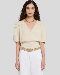 Cinched Puff Sleeve Cardigan in Bone