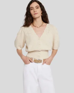 Cinched Puff Sleeve Cardigan in Bone
