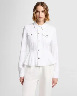 Denim Lustre Flounce Trucker Jacket in White