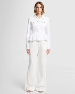 Denim Lustre Flounce Trucker Jacket in White