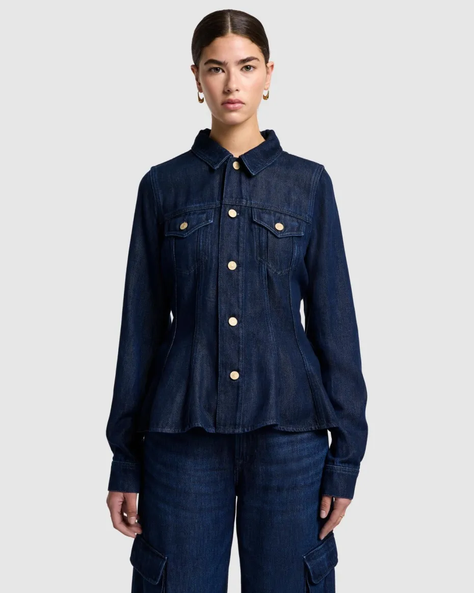Denim Lustre Flounce Trucker Jacket in Stormy