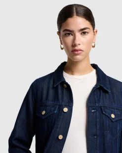 Denim Lustre Flounce Trucker Jacket in Stormy