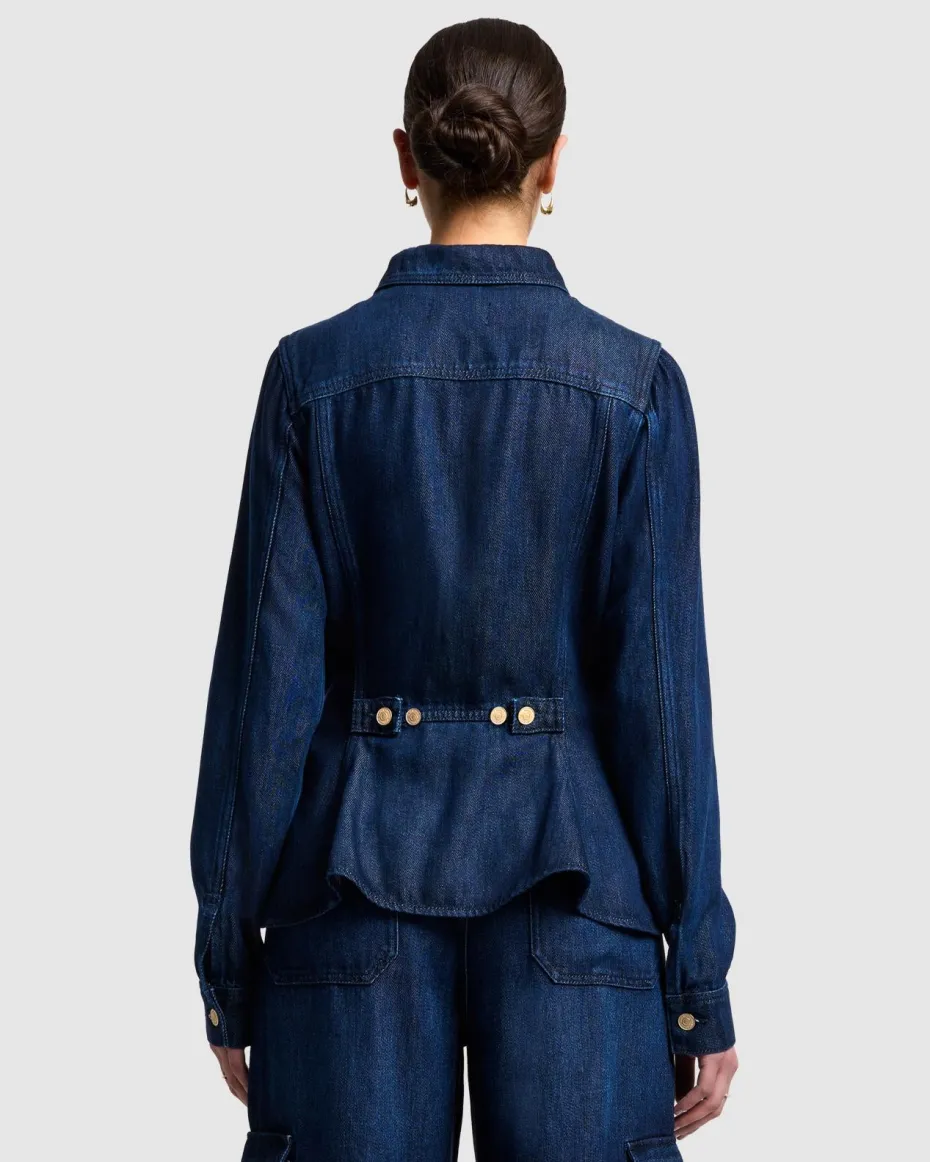 Denim Lustre Flounce Trucker Jacket in Stormy