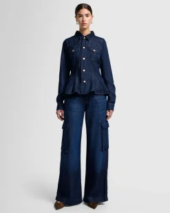 Denim Lustre Flounce Trucker Jacket in Stormy