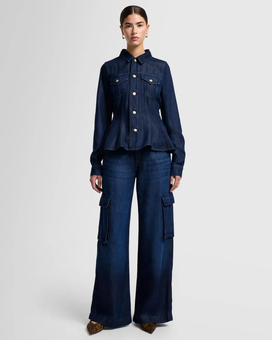 Denim Lustre Flounce Trucker Jacket in Stormy