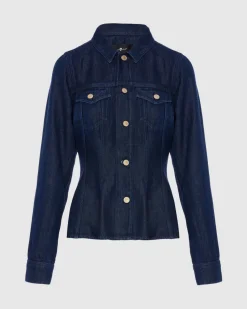 Denim Lustre Flounce Trucker Jacket in Stormy