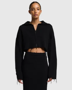 Distressed Knit Cropped Hoodie in Black