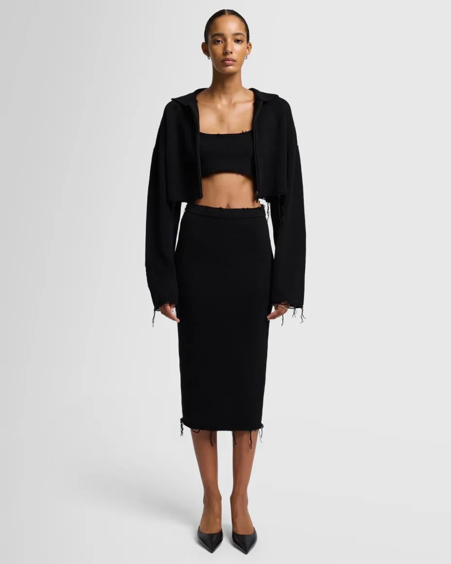 Distressed Knit Cropped Hoodie in Black