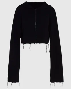 Distressed Knit Cropped Hoodie in Black