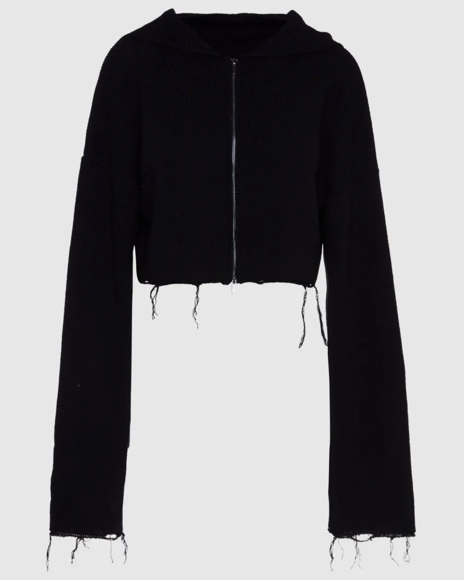 Distressed Knit Cropped Hoodie in Black
