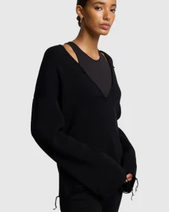Distressed Knit Deep V-neck Pullover