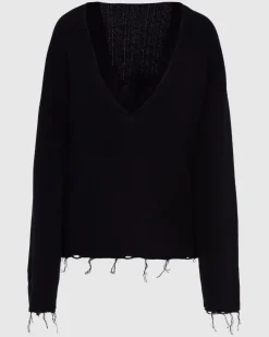 Distressed Knit Deep V-neck Pullover