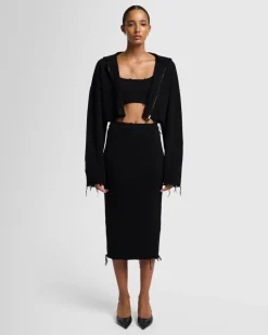 Distressed Knit Midi Skirt in Black