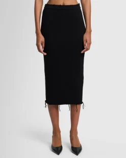 Distressed Knit Midi Skirt in Black