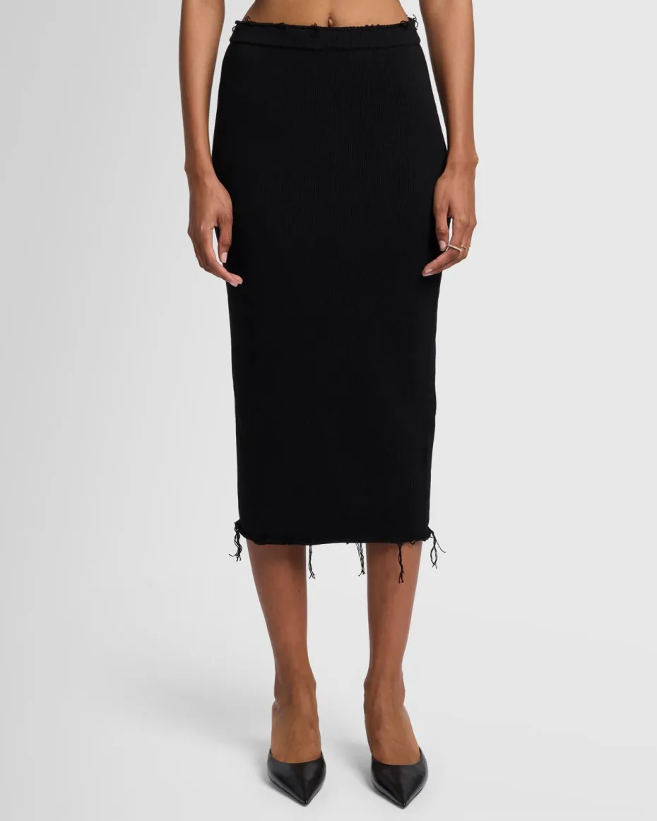 Distressed Knit Midi Skirt in Black