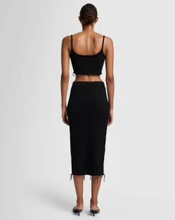 Distressed Knit Midi Skirt in Black