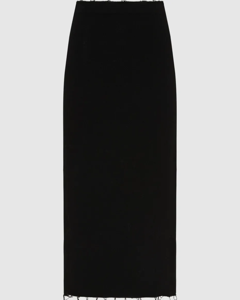 Distressed Knit Midi Skirt in Black