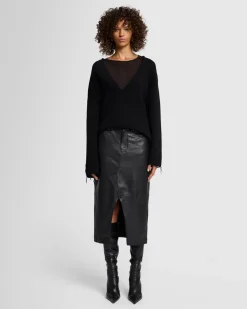 Double Waist Italian Leather Skirt in Black