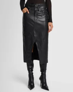 Double Waist Italian Leather Skirt in Black