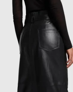 Double Waist Italian Leather Skirt in Black