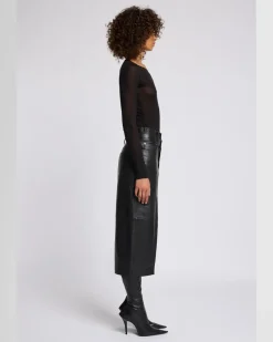 Double Waist Italian Leather Skirt in Black