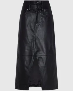 Double Waist Italian Leather Skirt in Black