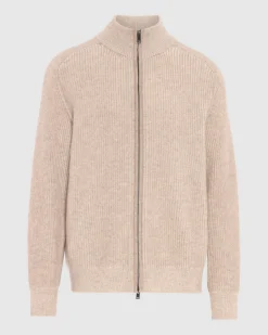Double Zip Merino Cardigan in Beige