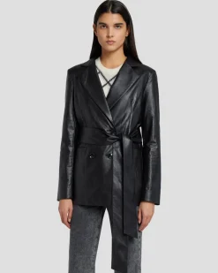 Faux Leather Wrap Blazer in Black