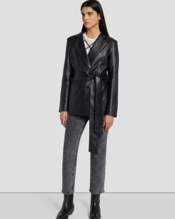 Faux Leather Wrap Blazer in Black