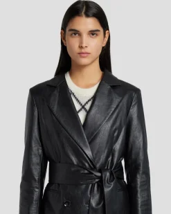 Faux Leather Wrap Blazer in Black
