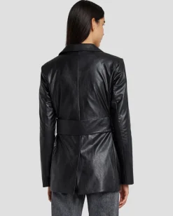 Faux Leather Wrap Blazer in Black