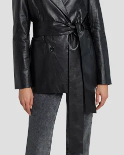 Faux Leather Wrap Blazer in Black