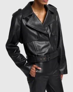 Italian Leather Cropped Moto Jacket in Black