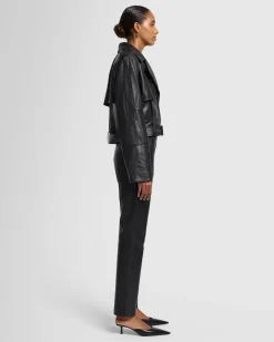 Italian Leather Cropped Moto Jacket in Black
