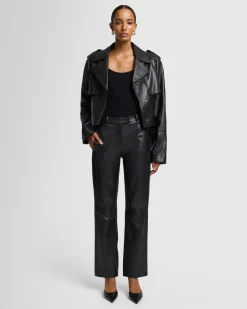 Italian Leather Cropped Moto Jacket in Black
