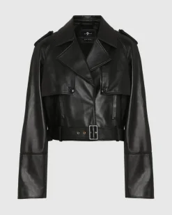Italian Leather Cropped Moto Jacket in Black