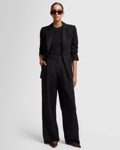 Linen Blend Pleated Trouser in Black