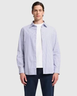 Long Sleeve Poplin Shirt in Navy Stripe